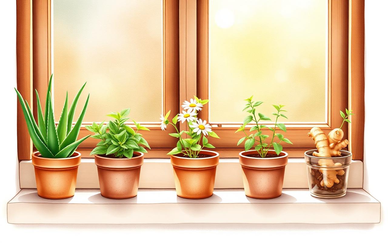 Cinco plantas medicinais em vasos na janela