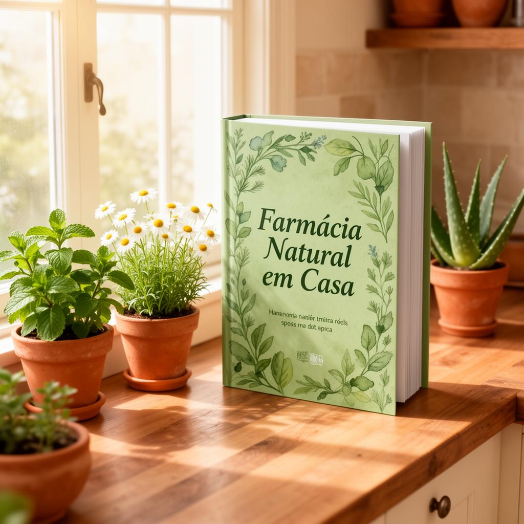Mockup do ebook Farmácia Natural em Casa numa bancada com plantas